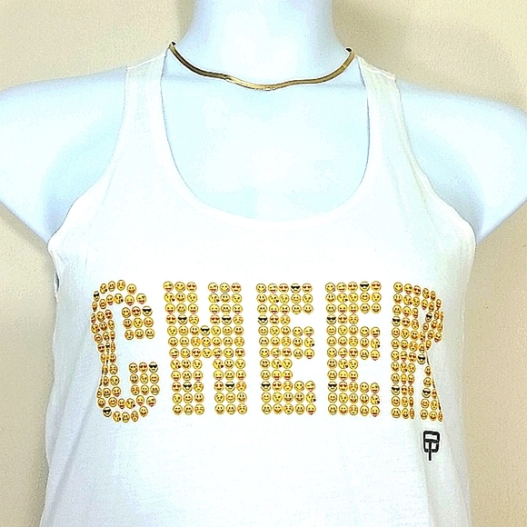 Tank top muscle shirt white Cheer Emoji graphic print Cheerleading Athletic Euc - Picture 1 of 9